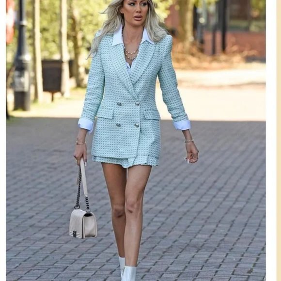 ZARA 2 Piece Textured Double Breastex Check Blazer And Structured Skirt - Picture 1 of 12